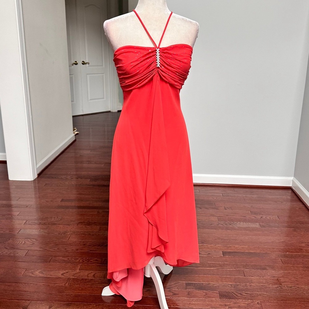 Vintage 2000s Eureka Peach Rhinestoned Asymmetrical Elegant Cocktail Dress Large